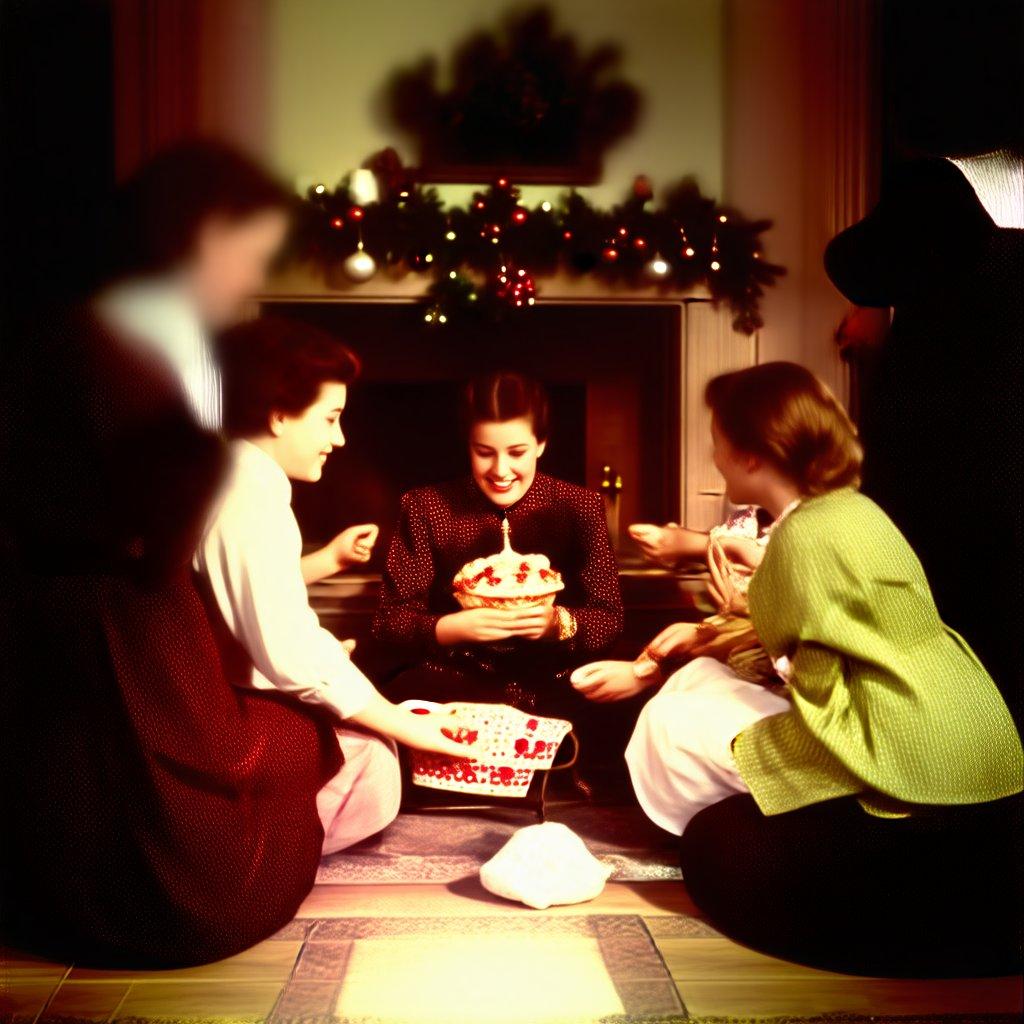 A group of ladies in vintage attire, gathered around a fireplace to celebrate the festive season. The warm glow of the Christmas tree lights illuminates their joyful expressions as they share cake and cheer.