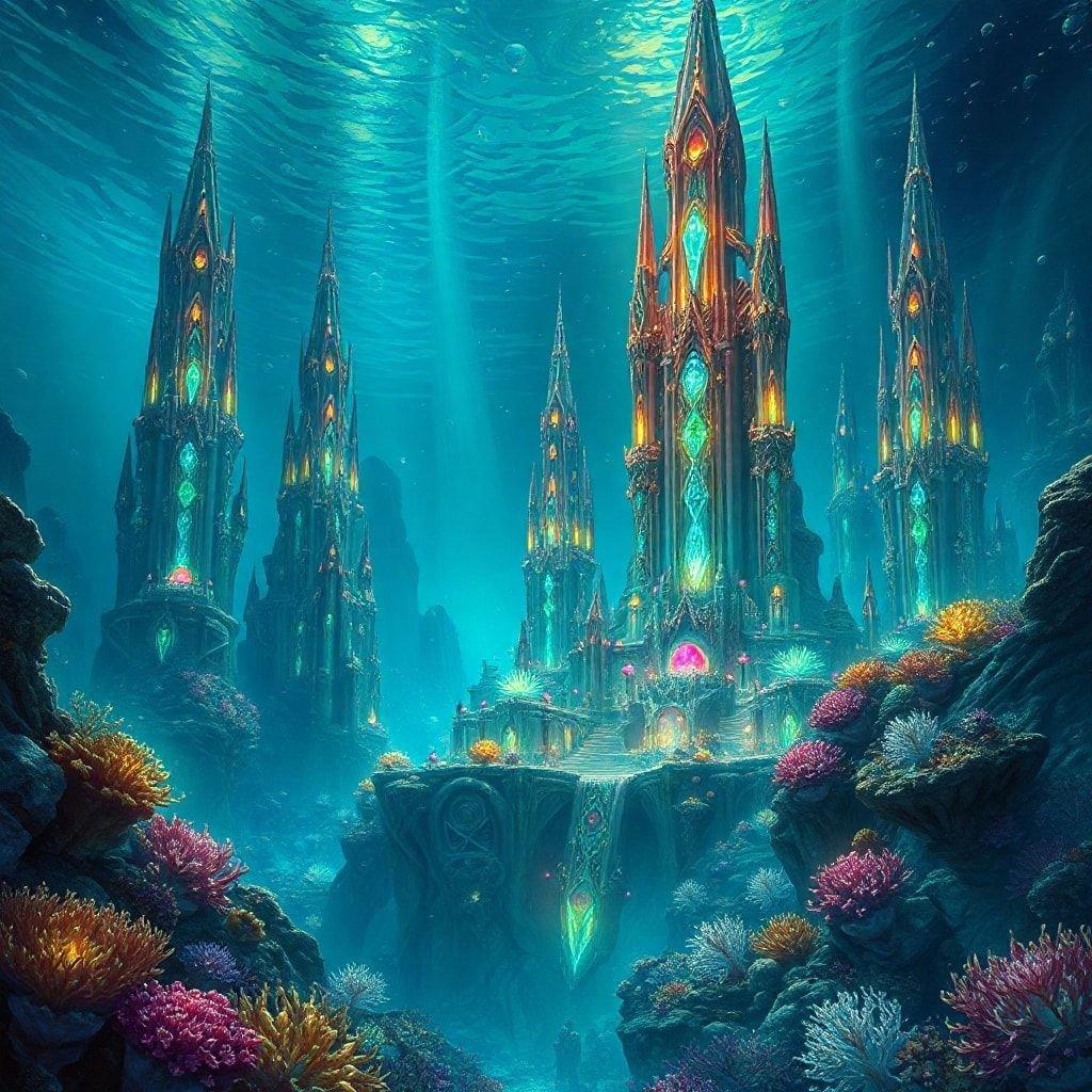 Explore the beauty and majesty of an undersea fantasy kingdom, with towering spires reaching for the sky and ancient ruins hinting at long-forgotten secrets.