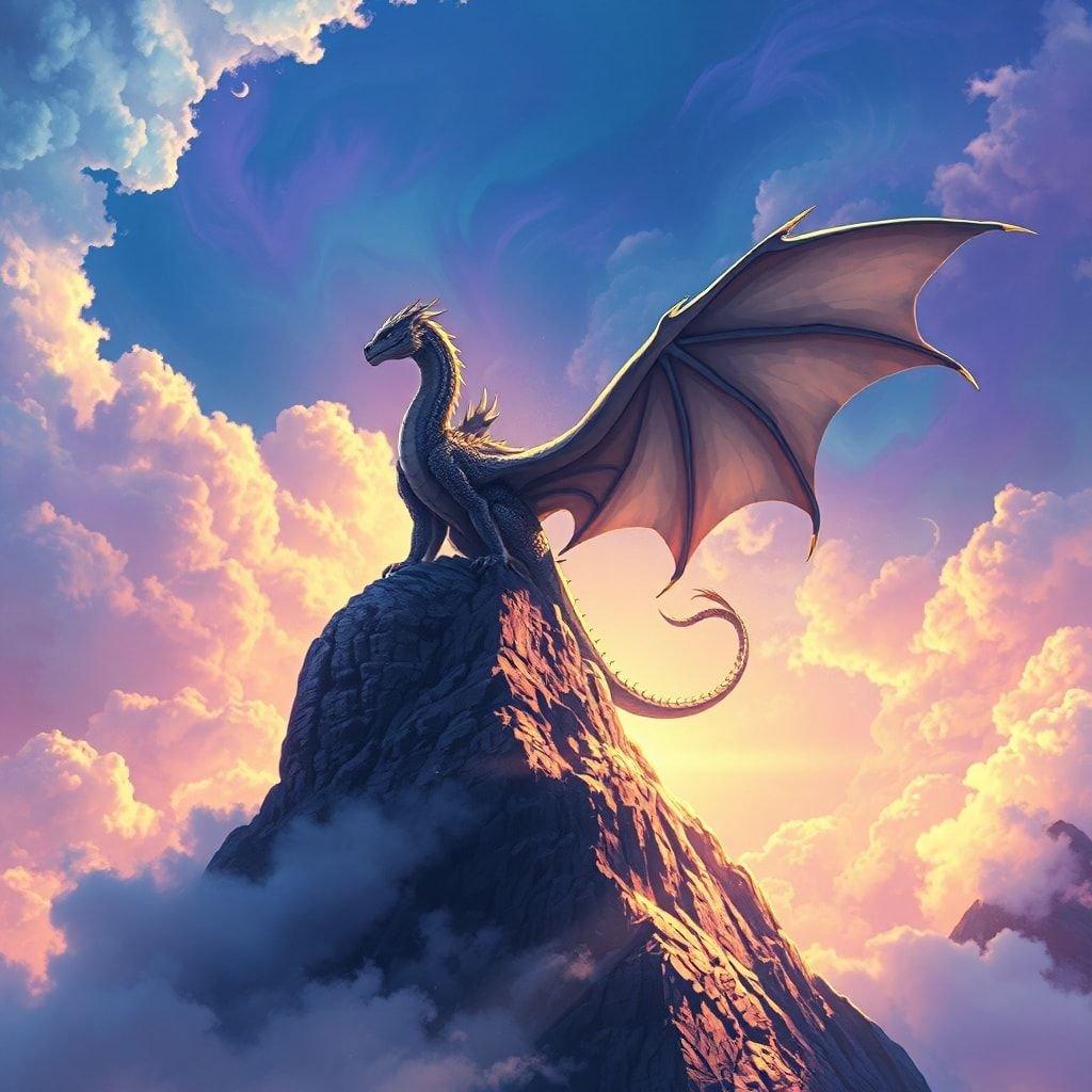 Un dragon anime serein perché au sommet d'une montagne, entouré d'un ciel bleu et violet tourbillonnant. La lumière chaude ajoute un sentiment de tranquillité à la scène majestueuse.