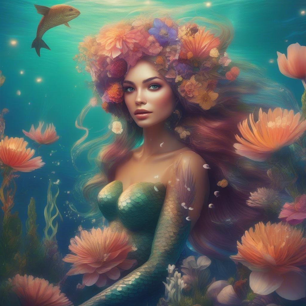 Fantasy mermaid beauty immersed in a vibrant underwater garden, a magical wallpaper perfect for those who love oceanic and botanical themes. This artwork is available on various products!