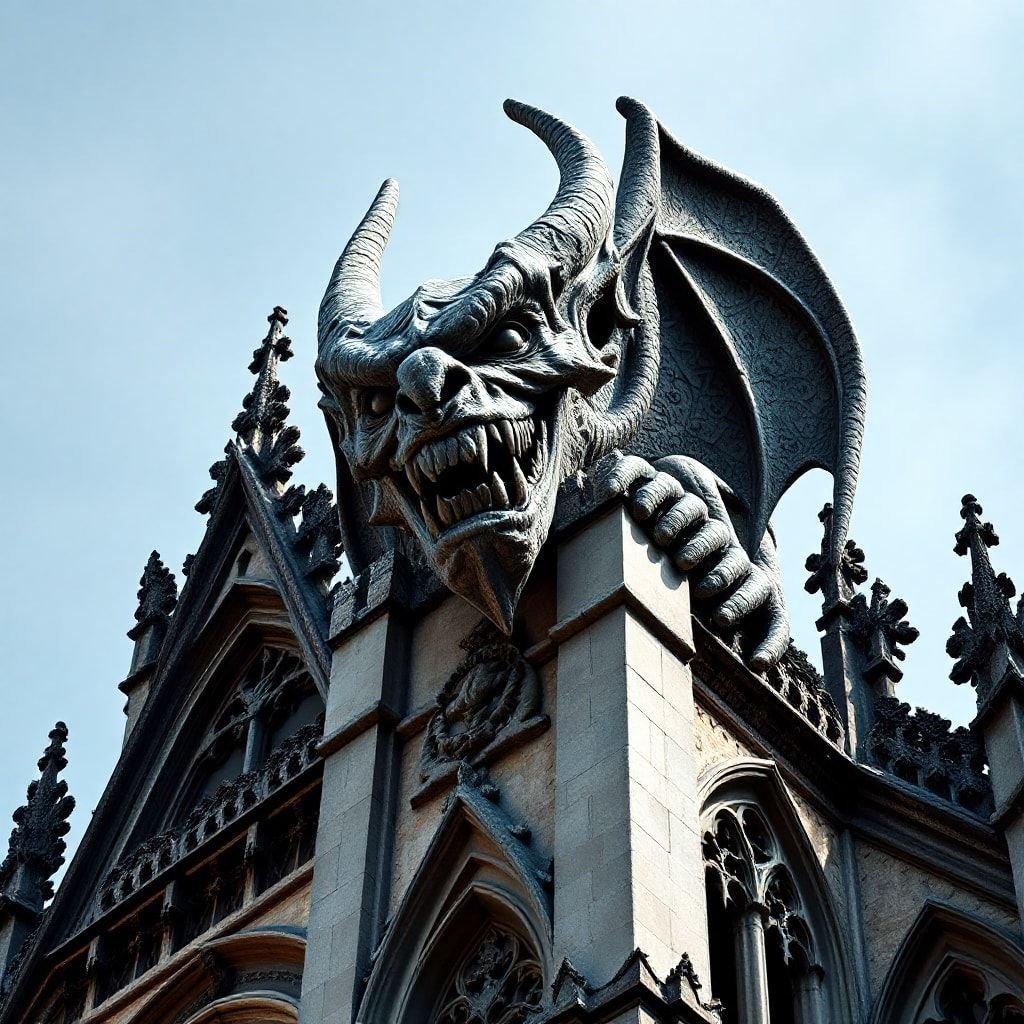 This imposing church tower reaches into the sky, crowned with a magnificent gargoyle in the shape of a fearsome dragon. The intricate stonework and detailed design showcase the grandeur of this medieval architectural masterpiece.