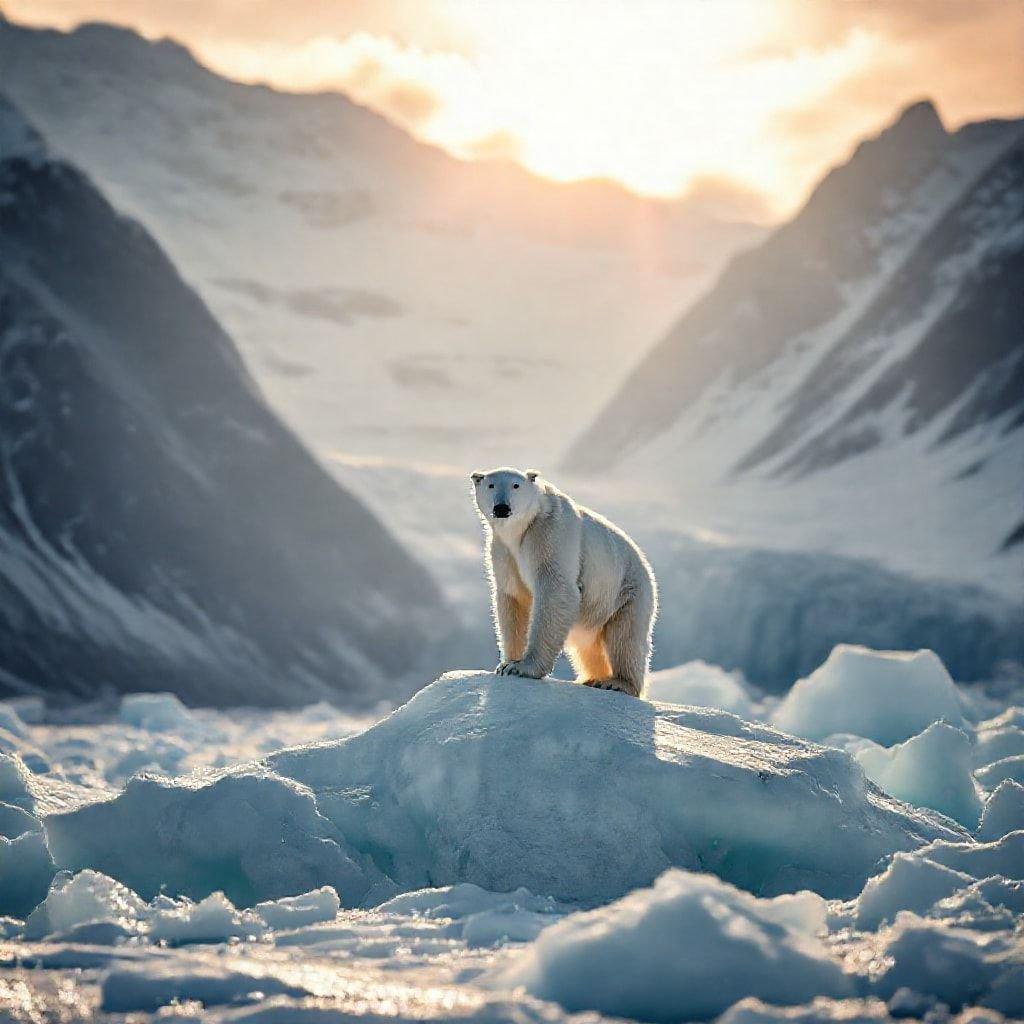 A majestic polar bear standing tall atop the icebergs, gazing towards the horizon. The stunning backdrop of snow-capped mountains under the soft glow of the setting sun makes for a breathtaking scene that captures the beauty and harsh reality of life in the Arctic region.