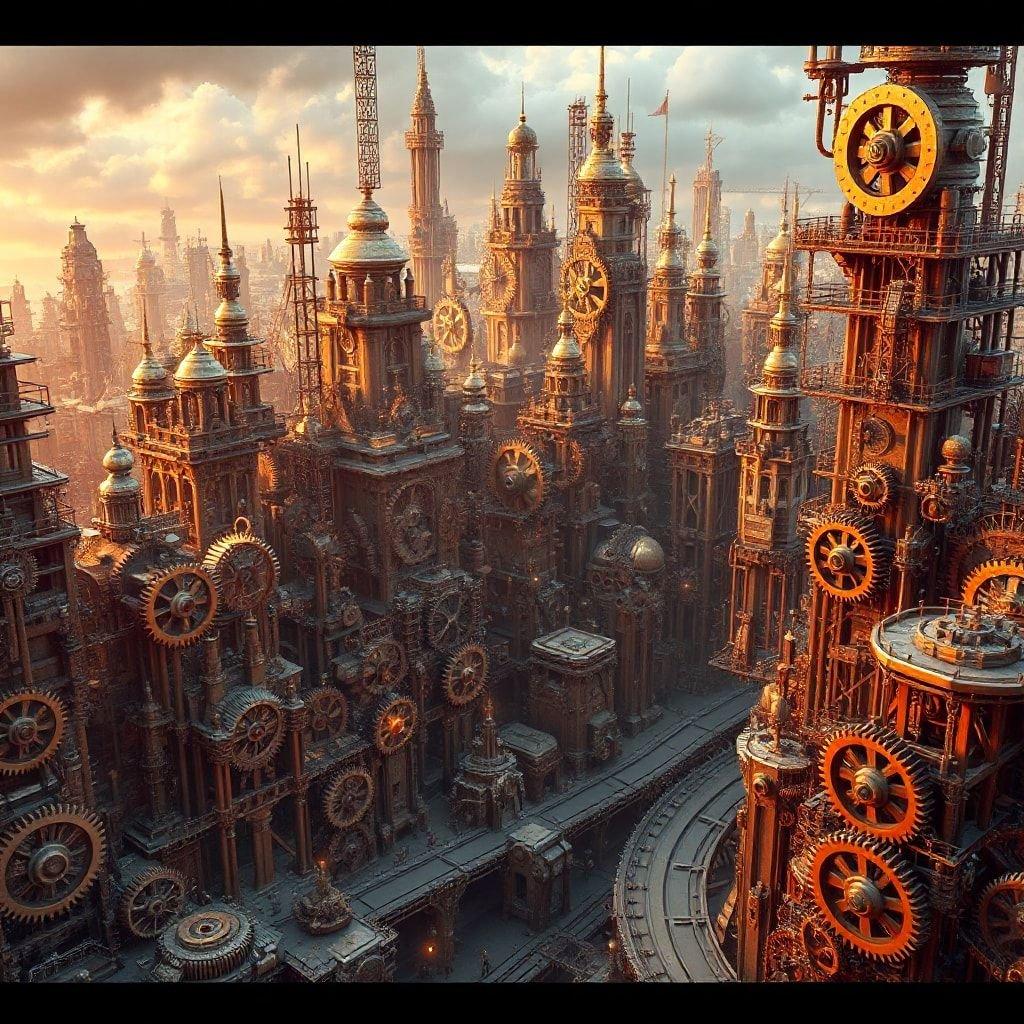 This artwork captures the essence of an industrial gothic cityscape, where towering clockworks and imposing buildings reach for the sky. The scene is bathed in a warm orange light that gives it a sense of being either sunrise or sunset.