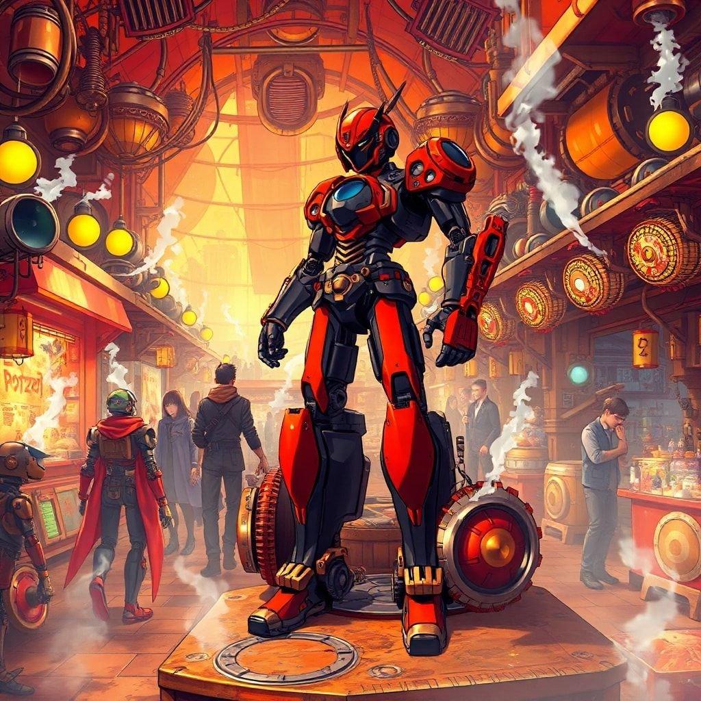 Immerse yourself in the vibrant world of steampunk anime with this captivating illustration of a bustling market. A striking robot takes center stage, dressed in bold black and red attire, standing proudly on a steampunk platform. The background comes alive with more robots, adding to the lively atmosphere. Warm oranges and yellows dominate the color palette, with a hint of mystery that beckons you to explore further.