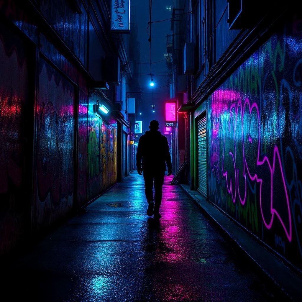 Une silhouette solitaire marche dans les rues illuminées au néon d'une ville cyberpunk, tandis que des enseignes futuristes et des graffitis ajoutent à l'ambiance d'un autre monde.