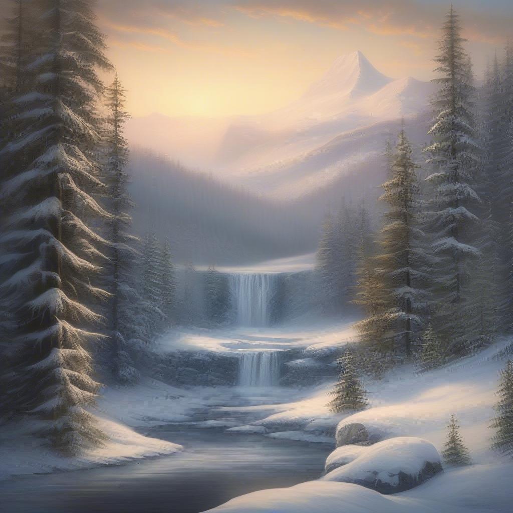 Escape to a serene winter wonderland with this breathtaking wallpaper, featuring a majestic waterfall, snow-covered trees, and a frozen lake. Perfect for adding a touch of peace and tranquility to your desktop or mobile device.