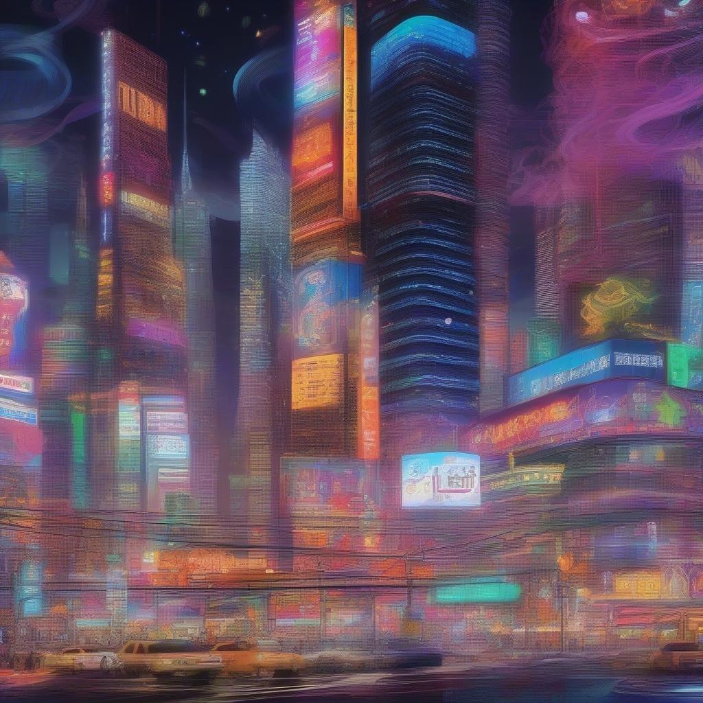 A lively urban scene with towering skyscrapers illuminated by neon lights. The city glows with the energy of night life, where music fills the air and the rhythm of the streets is heard in every corner.