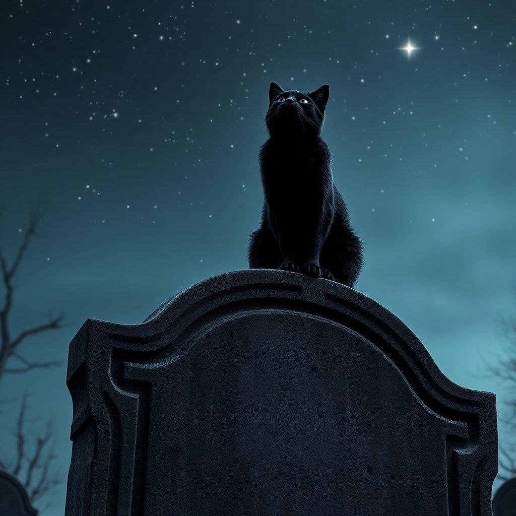 Questa spaventosa carta da parati presenta un gatto nero seduto sopra una lapide, circondato dall'atmosfera inquietante di un cimitero di notte.