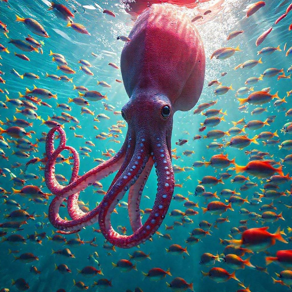 This digital artwork captures the mesmerizing beauty of an octopus amidst a school of vibrant fish in an underwater setting.