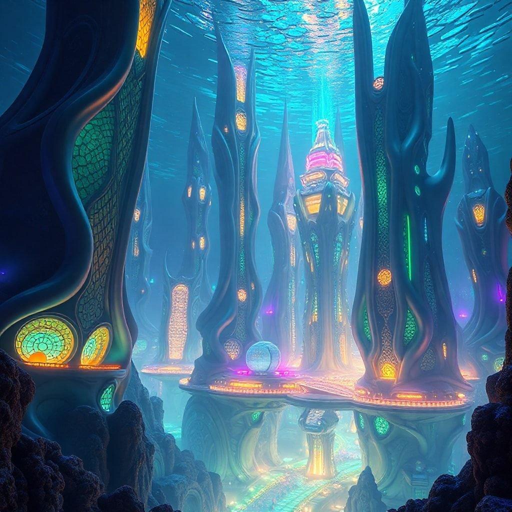 Explore the wonders of this mysterious and beautiful underwater cityscape, bathed in vibrant blues and purples. A fantasy-inspired piece of 3D art that invites you to dive into a world of aquatic architecture.