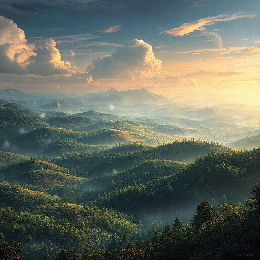 Breathtaking view of a lush, misty valley between towering mountains, evoking the majesty of fantasy realms.