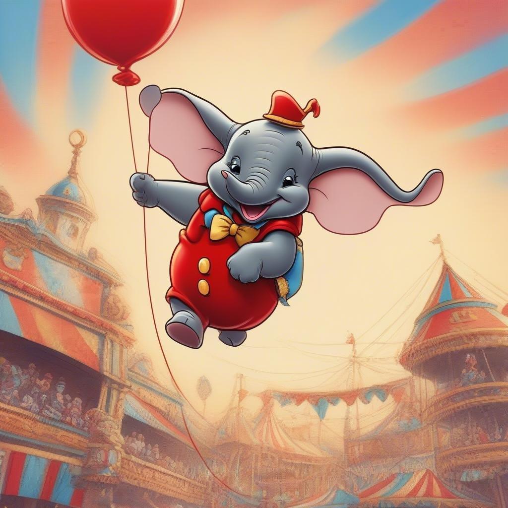 This adorable wallpaper features Dumbo, the beloved Disney character, soaring through the air with a bright red balloon. The image captures the joy and wonder of childhood, making it a perfect addition to any room.