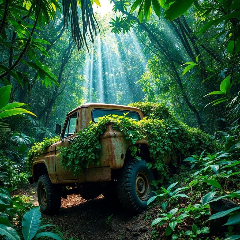 This image captures an adventurous scene where a vintage truck is partially hidden by lush, overgrown foliage. It's as if the vehicle has been parked here for decades and nature slowly reclaimed it. The old-world charm of the truck contrasts with the wildness of the jungle around it, creating a sense of mystery and adventure.