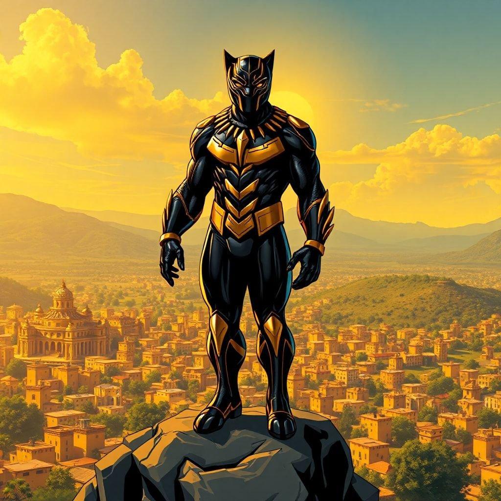 Featuring the legendary superhero, T'Channa, as the Black Panther. This wallpaper is a stunning showcase of comic book artistry and storytelling.