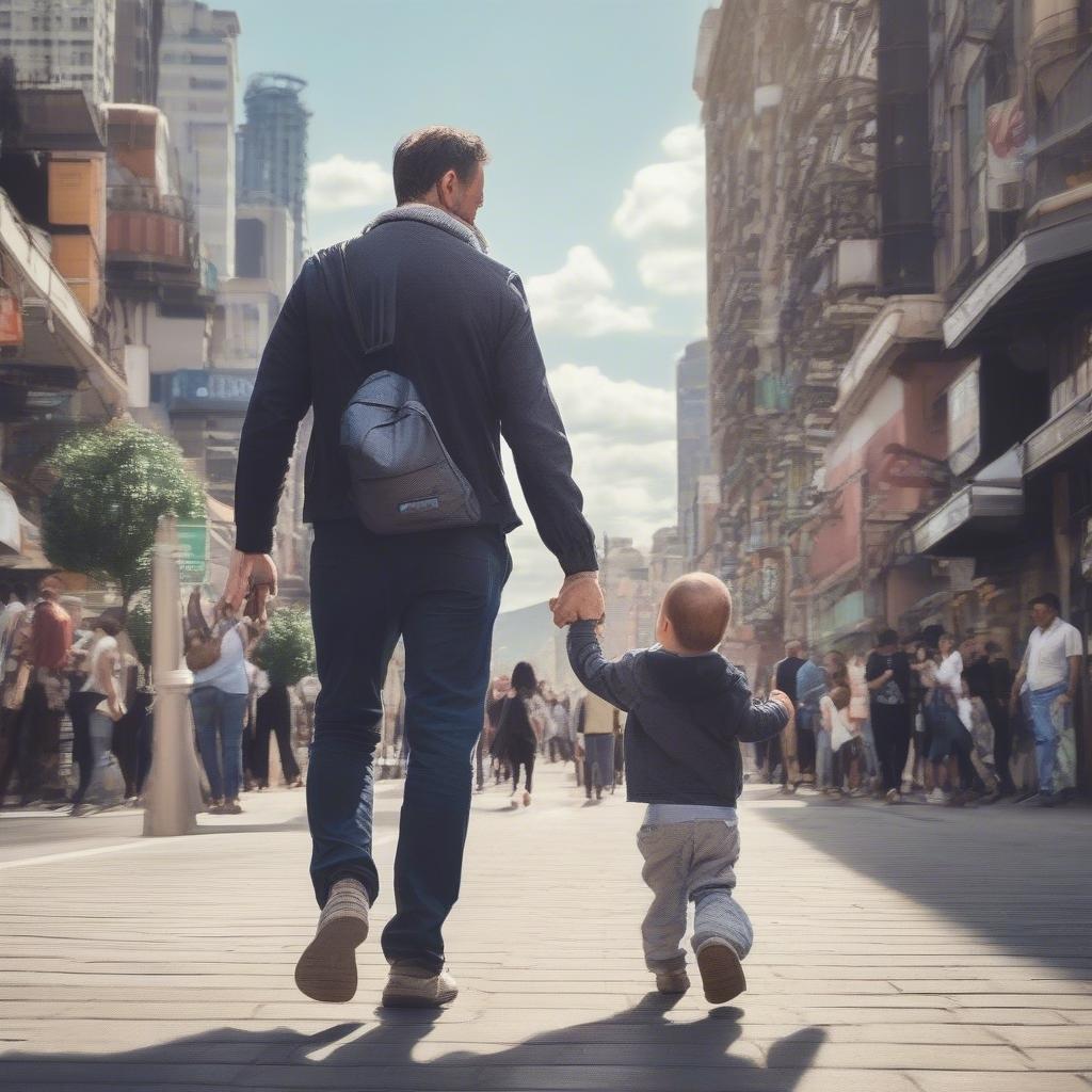 A heartwarming scene of a father and son strolling down the street, capturing the essence of a special bond.