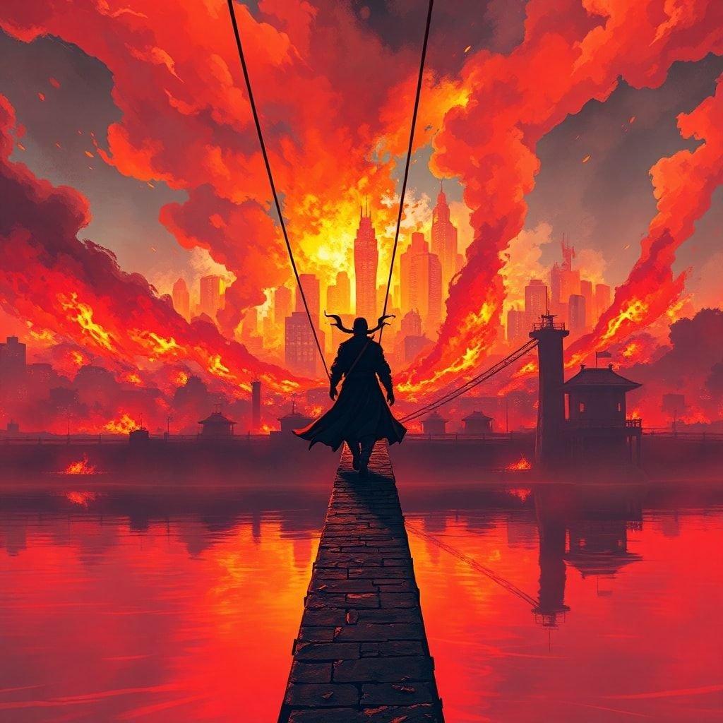 This anime-style wallpaper depicts a lone ninja walking along a narrow bridge, with a cityscape in flames. The image captures a moment of tension and drama, with the ninja standing out against the fiery backdrop.