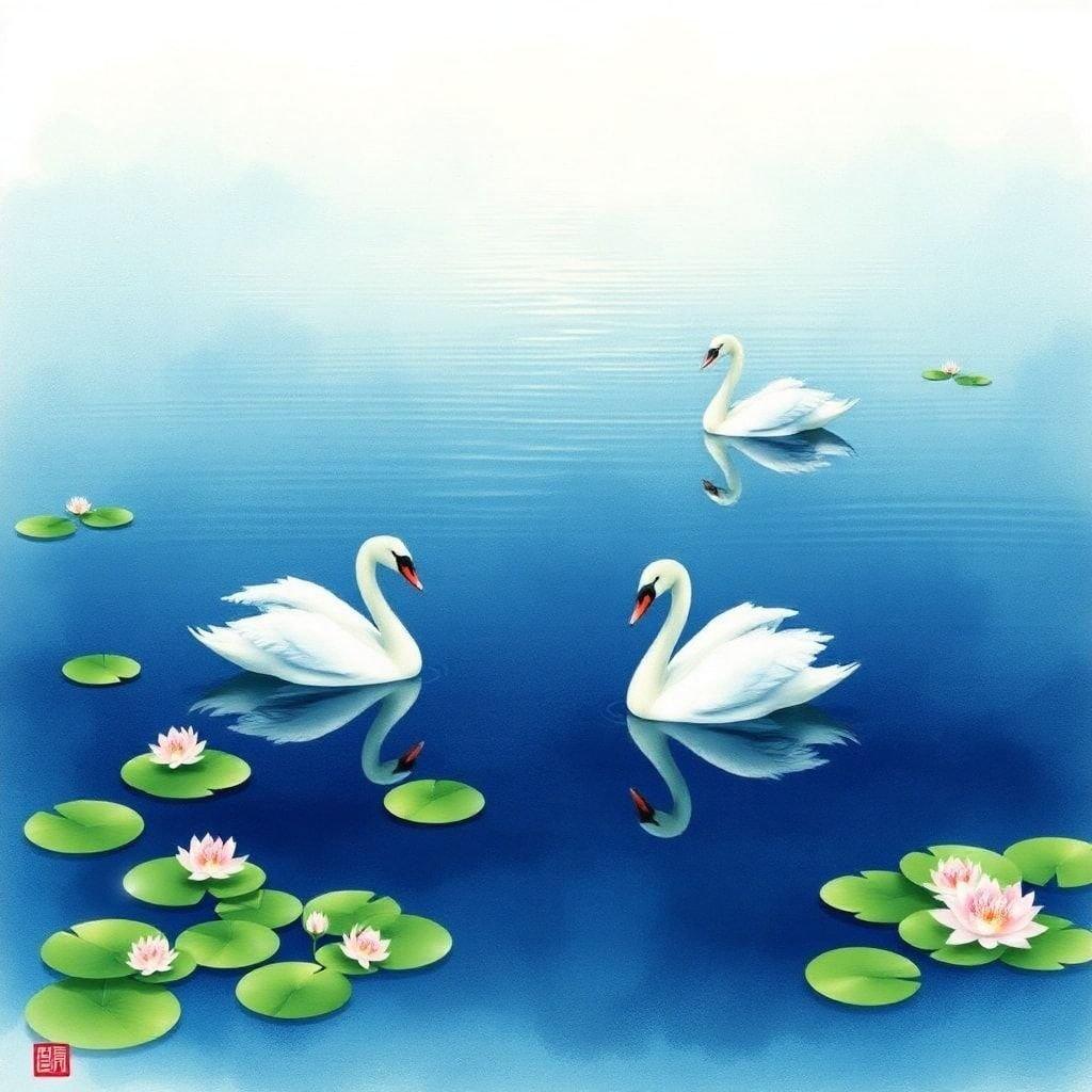 This serene wallpaper features a pair of swans gliding effortlessly across a tranquil lake, surrounded by lush greenery and vibrant flowers. The image exudes a sense of peace and tranquility, perfect for those seeking a calming desktop or mobile wallpaper.