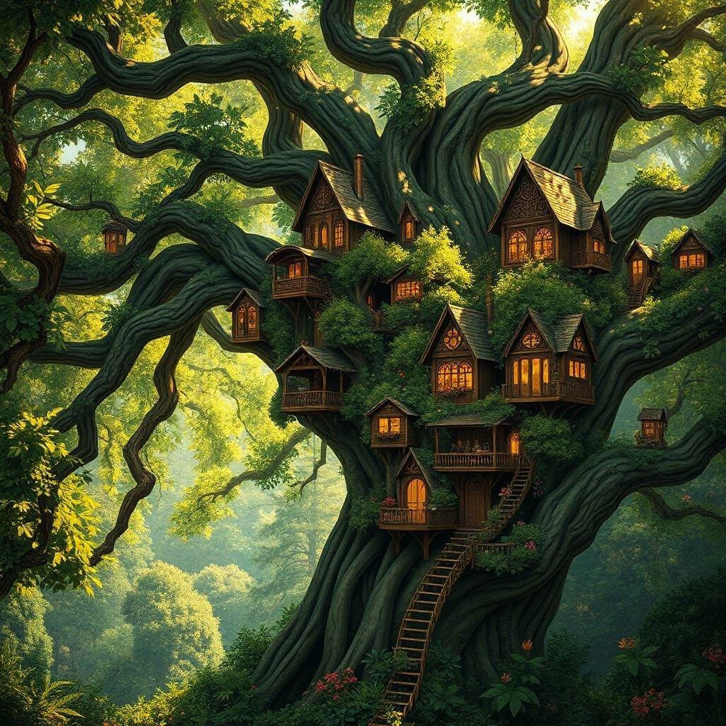 Une scène fantaisiste d'un grand arbre avec des maisons construites dans ses branches, créant un village magique niché au cœur d'une forêt verdoyante. L'image capture l'essence de la fantaisie et des contes de fées, où les règles ordinaires de l'architecture sont défiées par la grandeur de la nature.