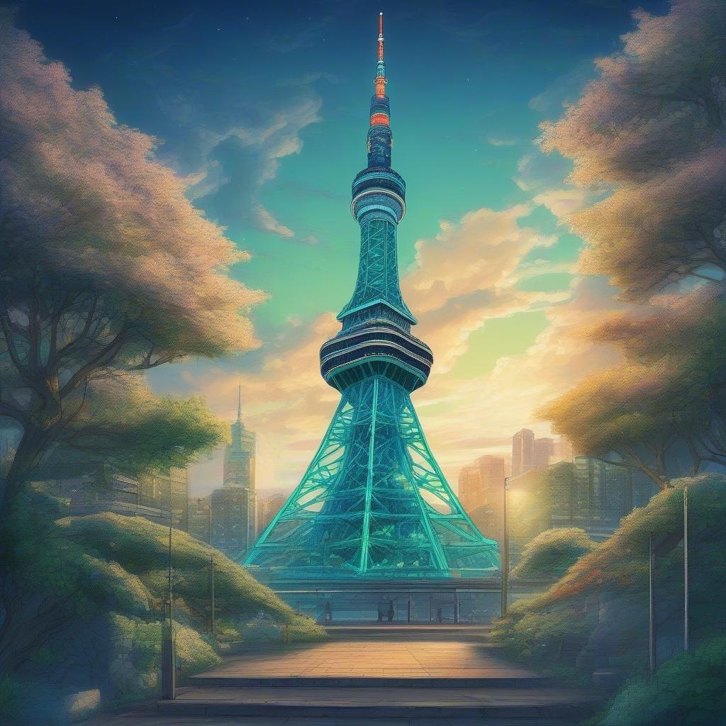 En förtrollande animeavbildning av den ikoniska Tokyo Tower, belyst av nattens mjuka ljus. Tornet står högt mot en livlig himmel, vars bas pryds av den majestätiska närvaron av en orm som elegant är virad runt det. De detaljerade ädelstenarna som pryder strukturen glittrar i nyanser av blått och grönt, vilket återspeglar den konstnärliga vision som lades ner i skapandet av detta verk. Omfamna fantasin som vävts in i denna magiska scen.