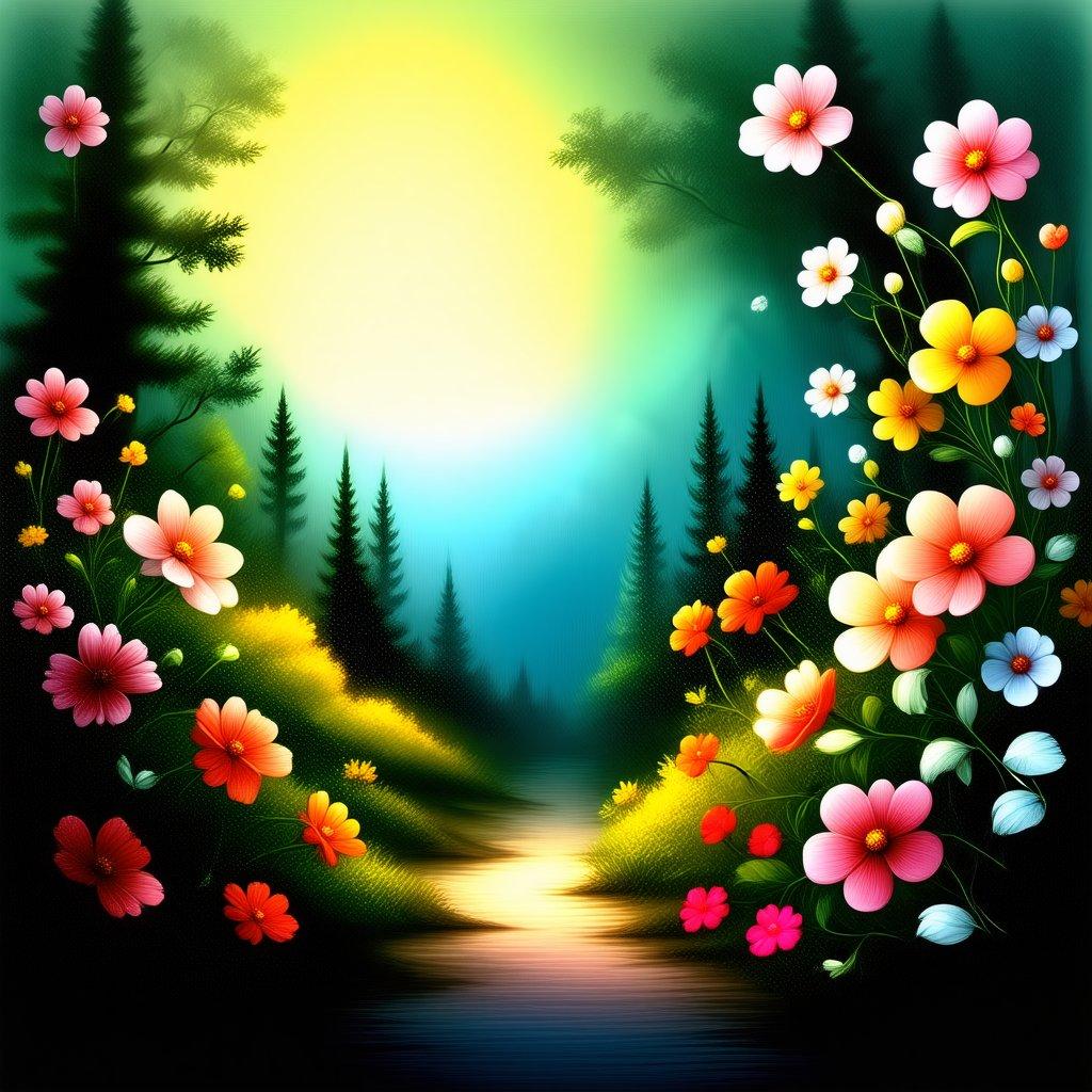 Wander through a whimsical forest path adorned with vibrant flowers, leading to a serene sunrise. Nature's beauty unfolds in this fantastical wallpaper, perfect for a desktop or mobile device.