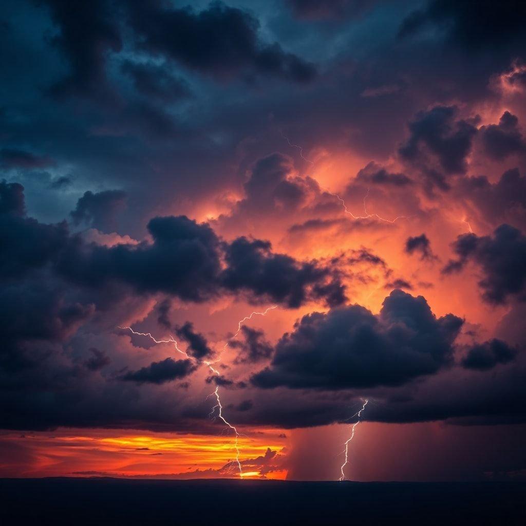 A dramatic sky captures the moment as lightning strikes beneath a vibrant sunset. This wallpaper is perfect for showcasing nature's raw power.