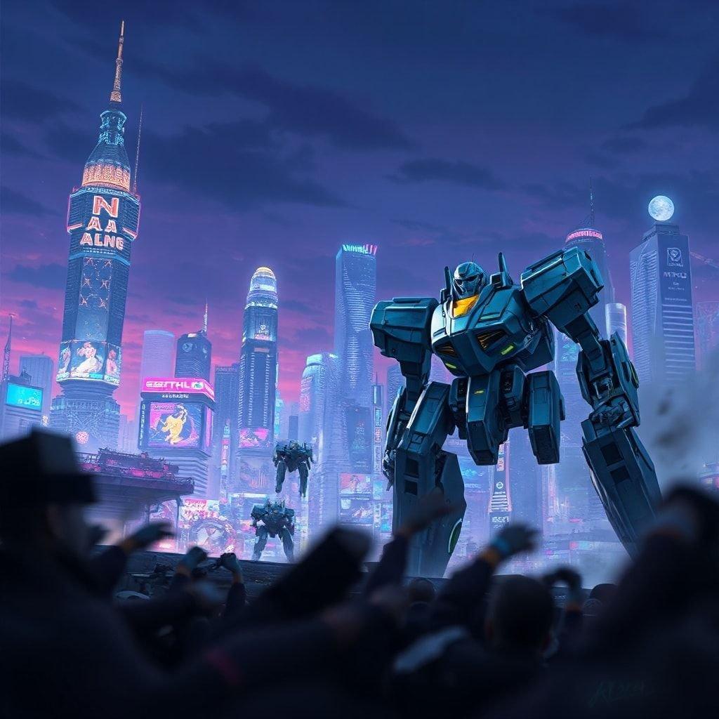 Get ready to immerse yourself in a world of action and adventure with this stunning anime cityscape wallpaper. Featuring a group of mechanized mechs battling it out against a backdrop of vibrant lights and buildings, this wallpaper is perfect for fans of science fiction and fantasy.