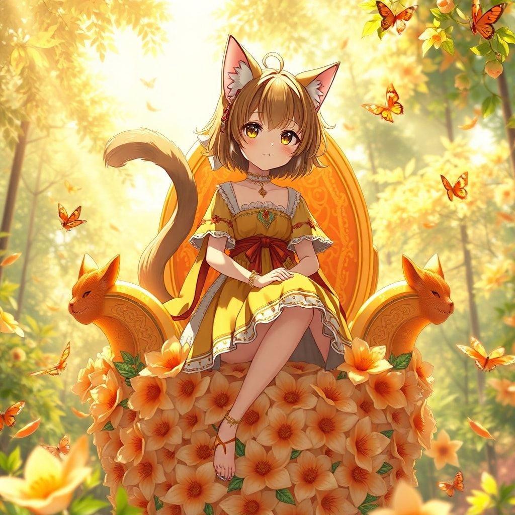 This enchanting anime wallpaper features a young girl with cat ears and a tail, sitting regally on a throne adorned with flowers. The warm and vibrant colors create a magical atmosphere, perfect for desktop and mobile use.