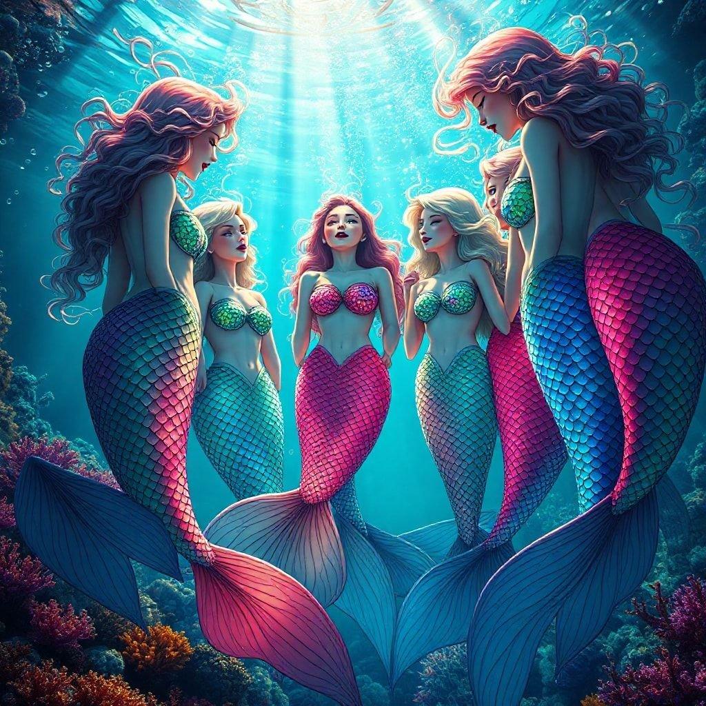 A magical scene featuring three mermaids, each with a unique coloration, swimming in the ocean. This fantastical wallpaper captures their elegance and the enchantment of the underwater world.