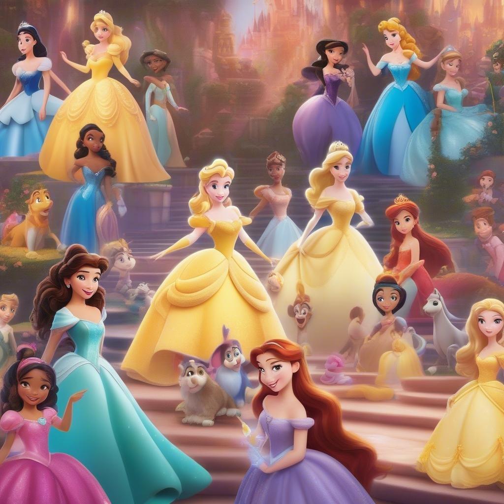 This wallpaper features a vibrant and colorful collage of beloved Disney princesses and their animal friends, set against a dreamy, ethereal background. The image showcases a diverse group of princesses, each with their own unique style and charm, surrounded by their loyal companions. The overall effect is one of whimsy and wonder, perfect for fans of all ages.