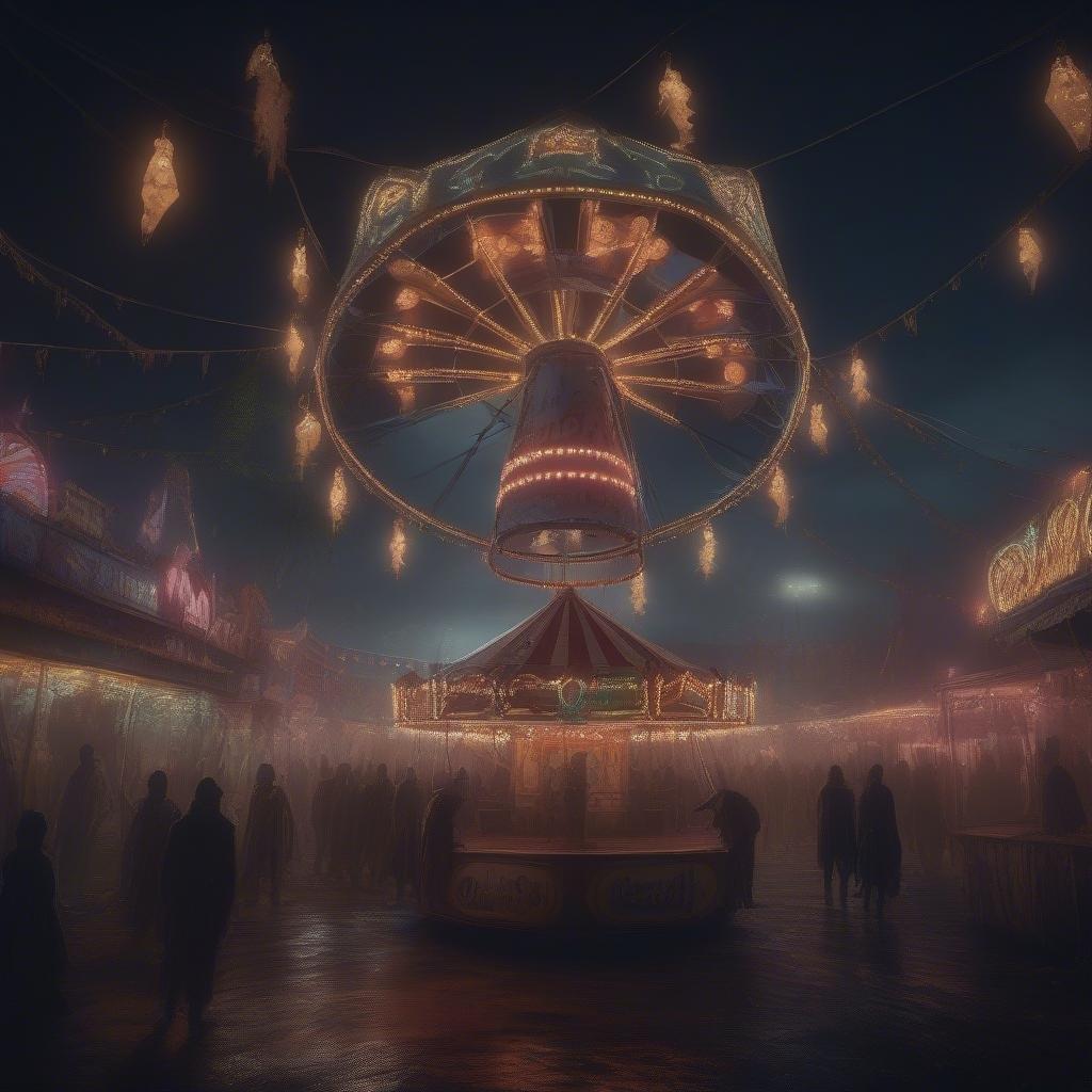 A lively carnival scene on a foggy night, complete with a Ferris wheel and illuminated by colorful lights against a dark sky.