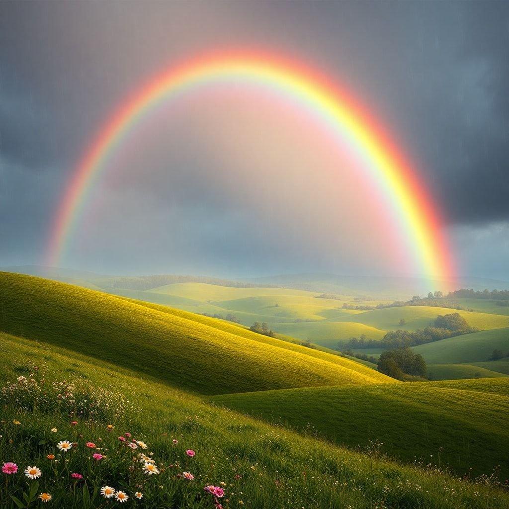 A vibrant rainbow arching over rolling hills, enhancing the beauty of an idyllic rural landscape.