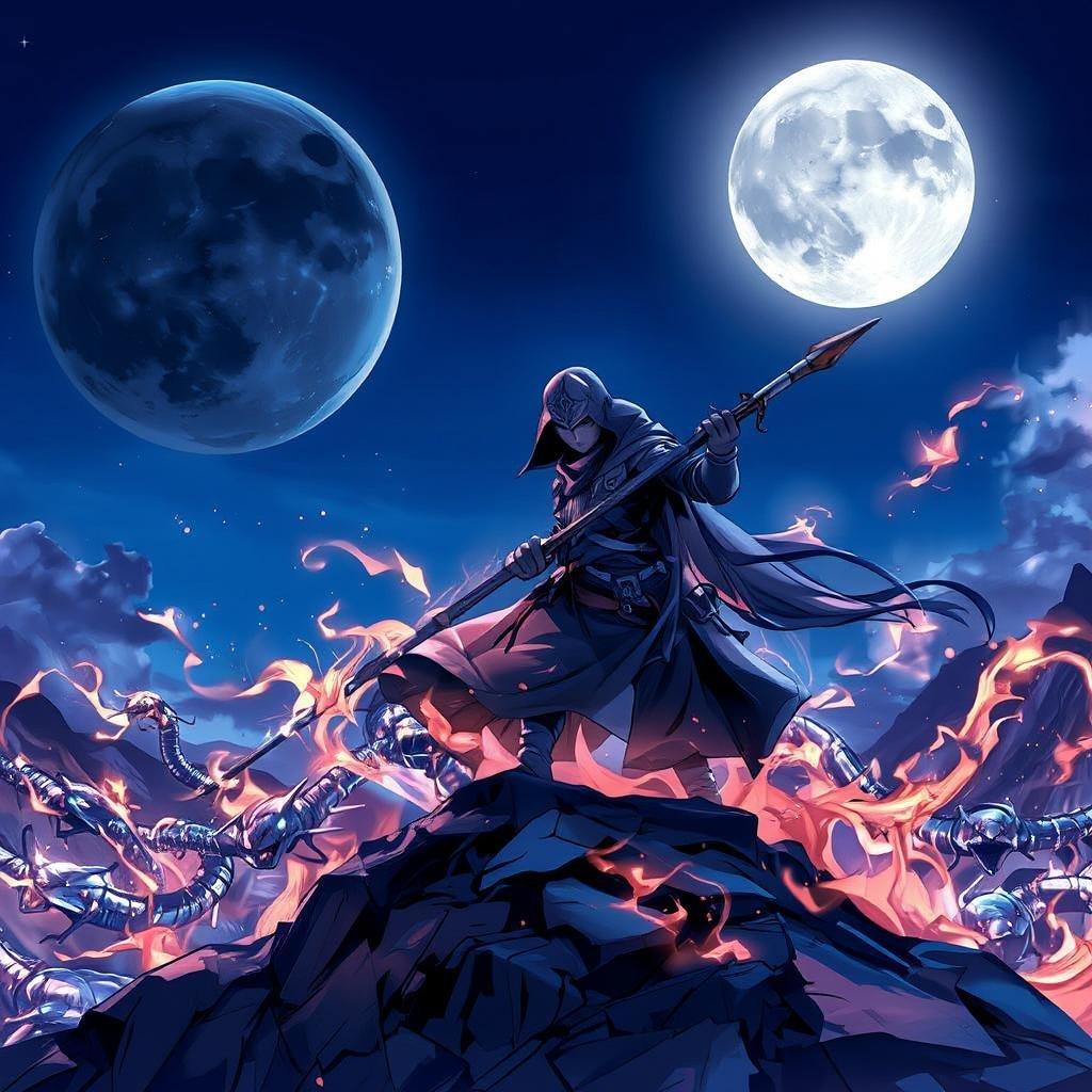 This stunning anime wallpaper showcases a warrior battling a swarm of starlight serpents on a moonlit battlefield. The warrior, with a hooded cloak and a helmet, stands on a rocky outcrop, holding a spear. The background is a deep blue sky, with a large planet in the upper left corner, and a bright moon in the upper right corner.