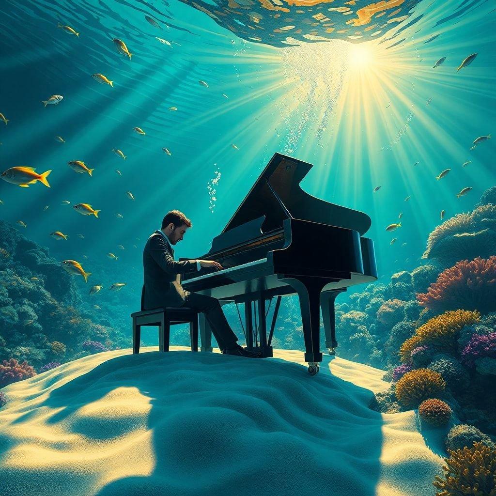 In this serene image, a musician finds their muse beneath the ocean waves, surrounded by an array of colorful marine life. The sunlight filters through the depths, creating a magical atmosphere that blends the tranquility of underwater life with the soul-stirring power of music.