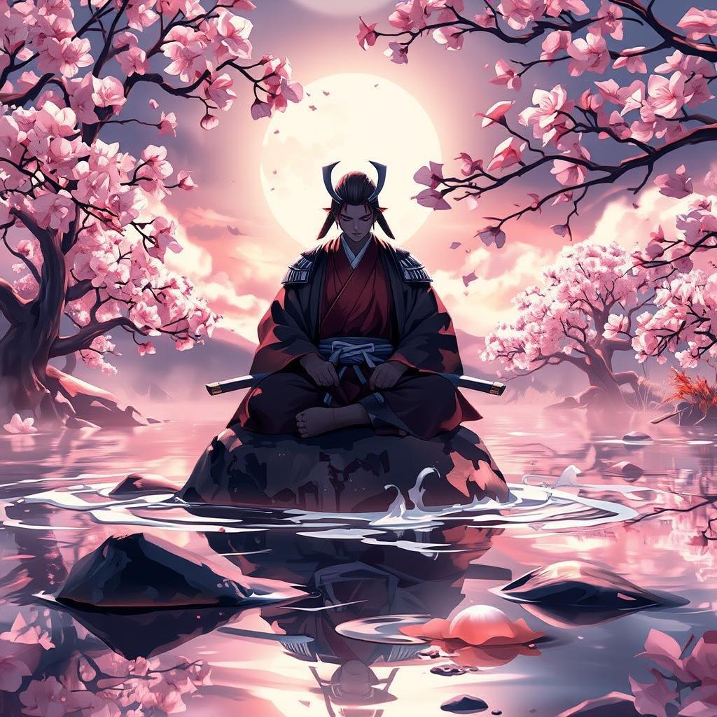 Dyk ner i den lugna världen av anime med denna fängslande bakgrund, som visar en samuraj i djup meditation mitt i en pittoresk damm och blommande körsbärsträd.