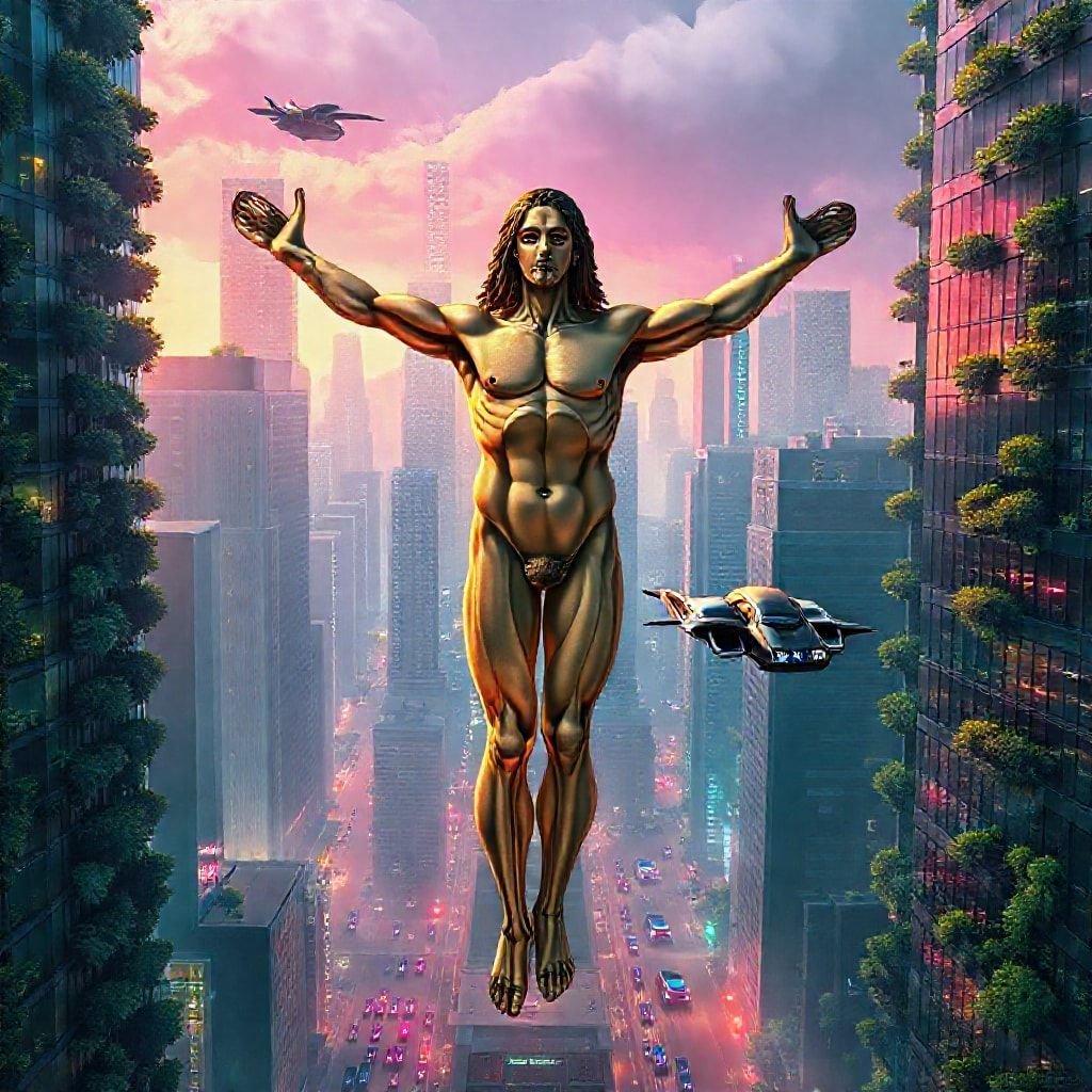 Cette image présente une représentation unique et captivante de la statue du Christ dans la ville, mêlant la figure religieuse emblématique au paysage urbain moderne.