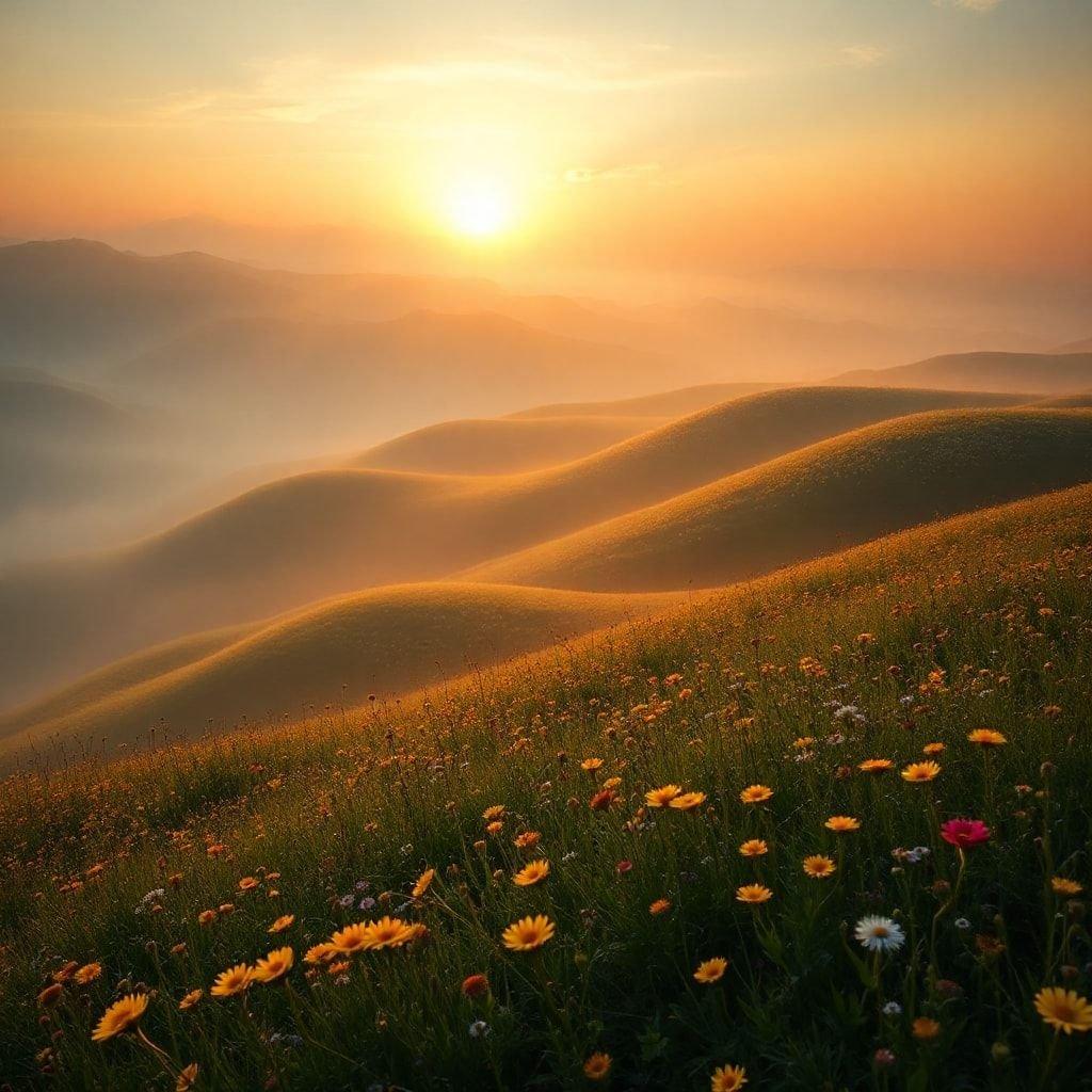 This image captures the breathtaking beauty of a sunset over rolling hills, creating a serene and peaceful atmosphere.