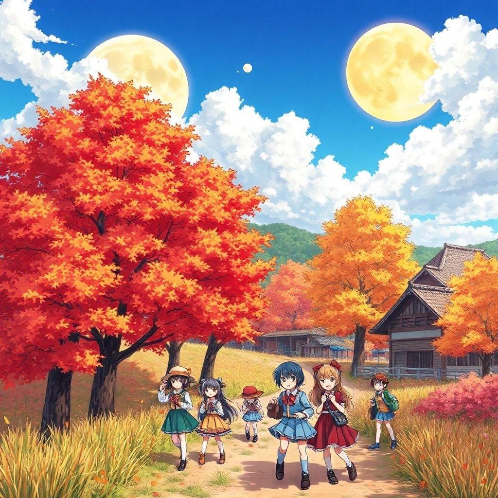 Tauchen Sie ein in die ruhige Schönheit einer Anime-Stil japanischen Landschaft im Herbst mit diesem fesselnden Hintergrundbild. Der Fokus liegt auf den lebhaften, bunten Anime-Charakteren, die vor einem atemberaubenden blauen Himmel und einem großen gelben Mond stehen und eine friedliche und dynamische Szene schaffen.