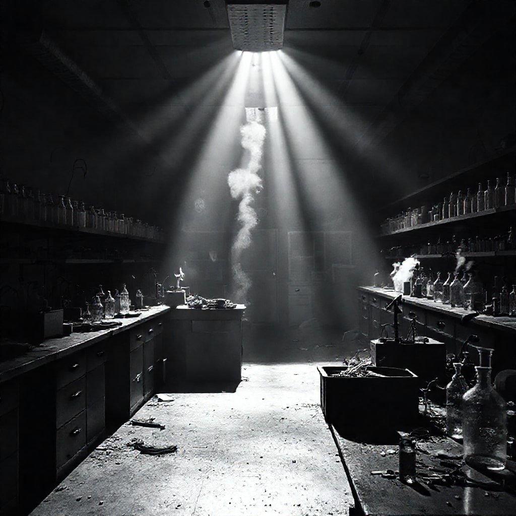 A mysterious laboratory filled with scientific equipment and supplies, bathed in the soft glow of black and white photography.