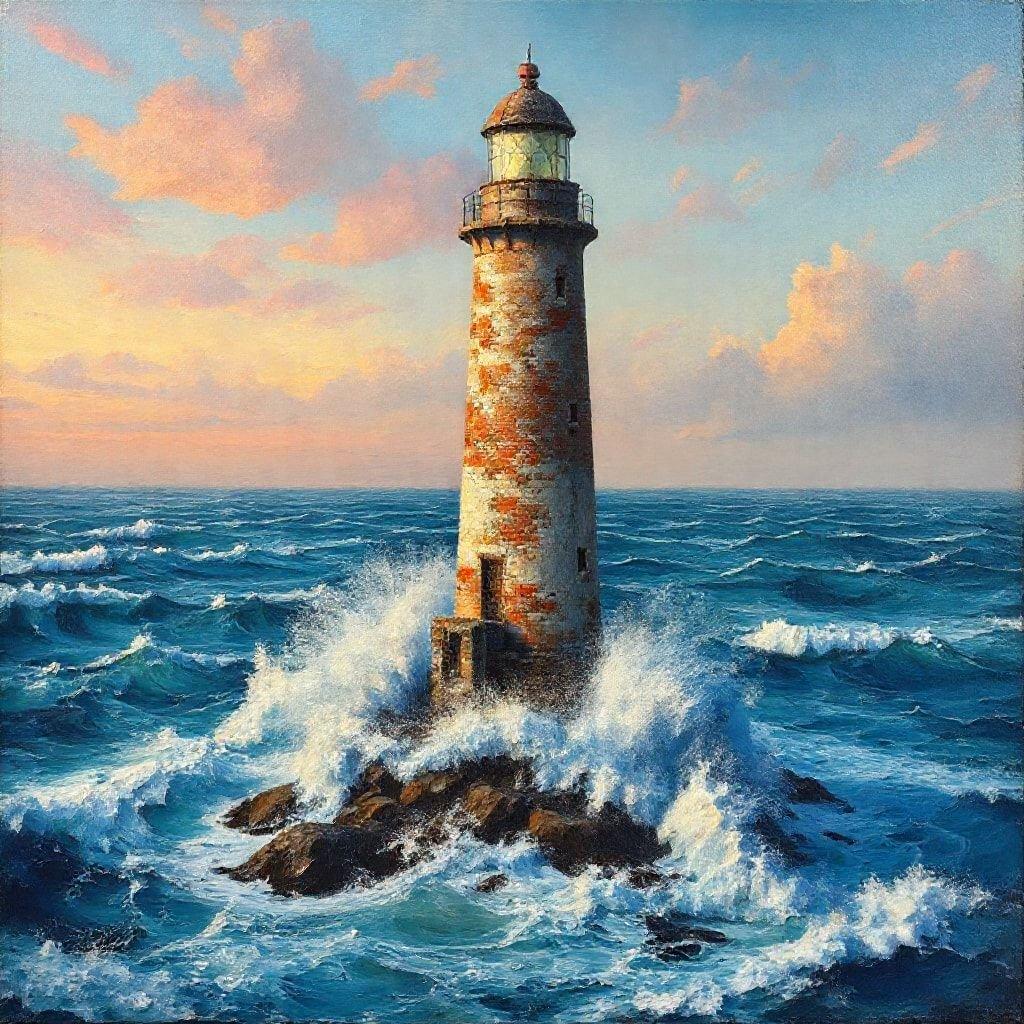 A serene and picturesque landscape featuring a lighthouse standing tall amidst the vast ocean, with waves crashing against the shore.