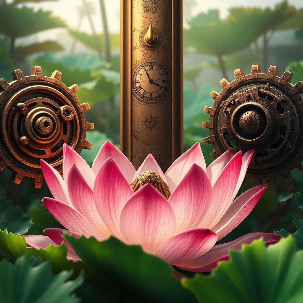 A beautiful steampunk-inspired wallpaper featuring a lotus flower with intricate gears and a clock in the background.