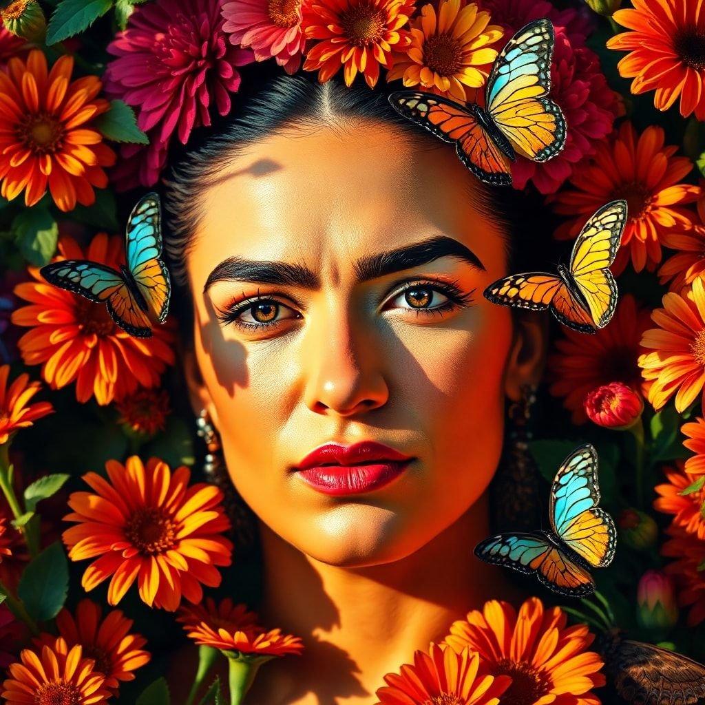 A stunning wallpaper featuring the iconic Mexican artist Frida Kahlo surrounded by vibrant butterflies and flowers, capturing her unique style and artistic flair.