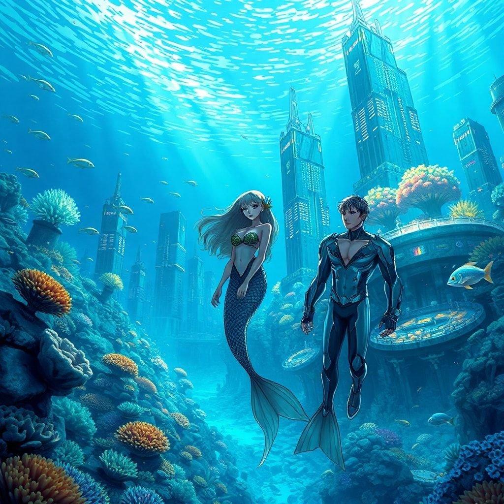 Immergiti nel mondo incantevole dell'anime con questo affascinante sfondo della città sottomarina. Una sirena e dei tritoni in abiti futuristici esplorano le profondità, circondati da un caleidoscopio di tonalità blu e verdi.