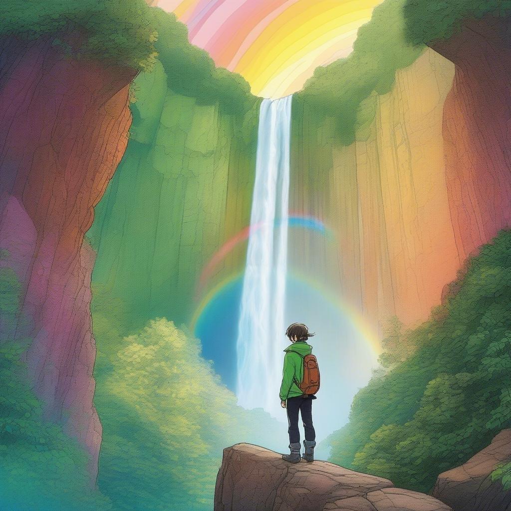 Un sorprendente sfondo anime che presenta un avventuriero solitario sul bordo di una scogliera rocciosa, che osserva una maestosa cascata con un arcobaleno, catturando un senso di avventura con dettagli intricati e colori vivaci.