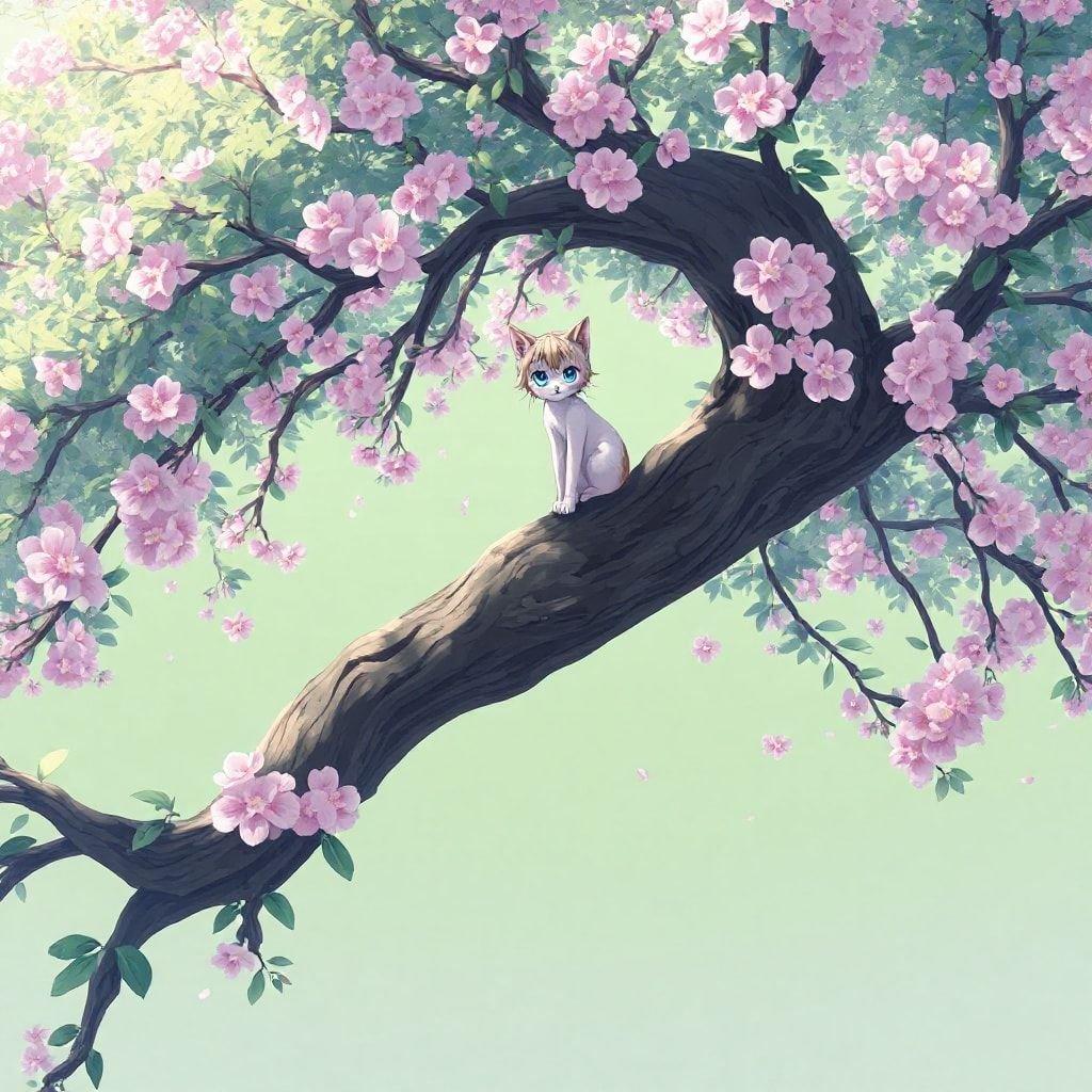 Este fondo de pantalla presenta una impresionante ilustración de anime de una chica gato sentada en un enorme árbol de cerezos, rodeada de una atmósfera mística y un suave fondo verde apagado.