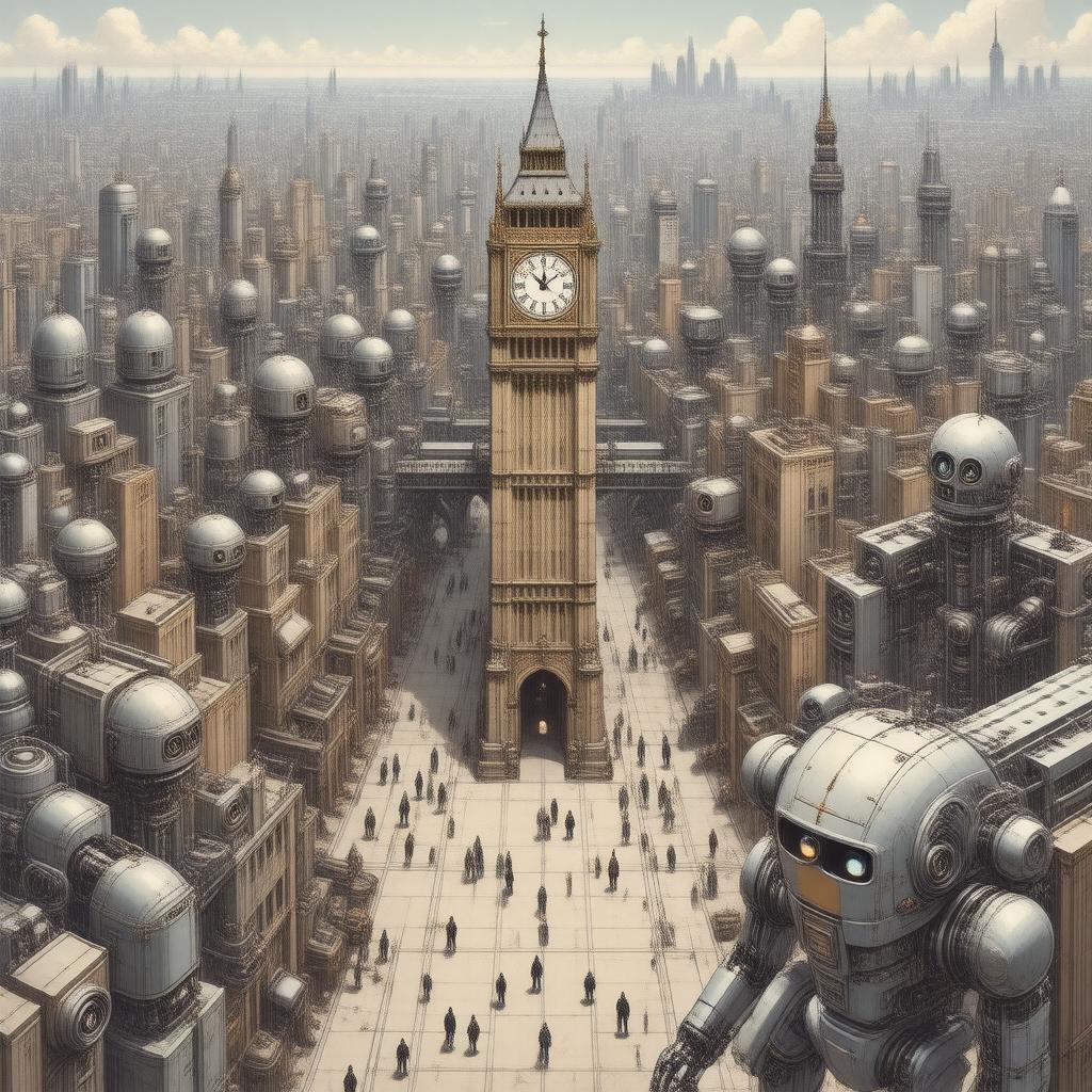 Tauchen Sie ein in die fesselnde Welt des Steampunks mit diesem atemberaubenden Stadtlandschaft-Hintergrundbild, das einen majestätischen Uhrturm und eine Vielzahl von Robotern in filigranen Details zeigt.