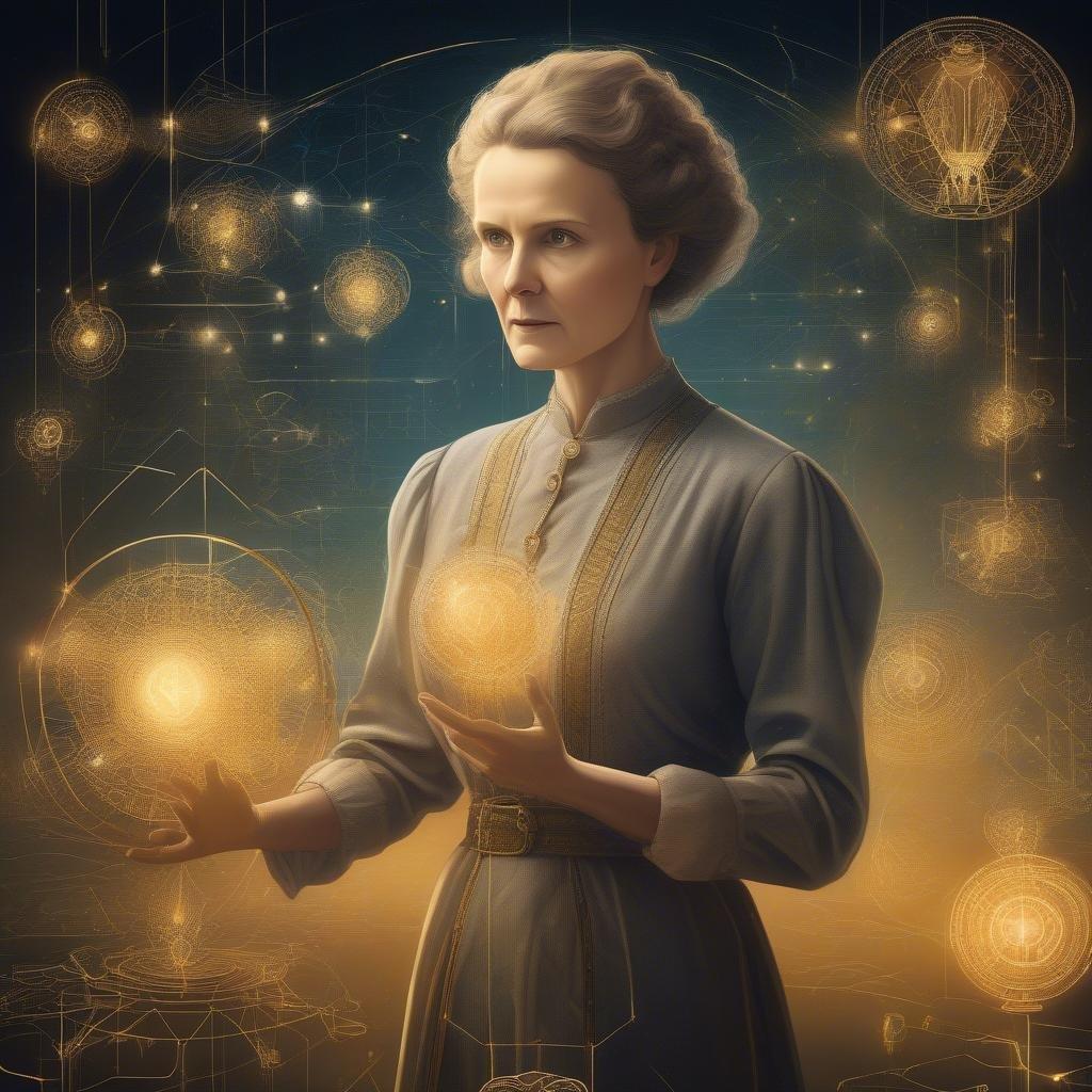 Celebrate the scientific spirit with this stylized portrait of Madame Marie Curie. The artwork captures her pioneering nature, set against a cosmic backdrop that evokes her discoveries.