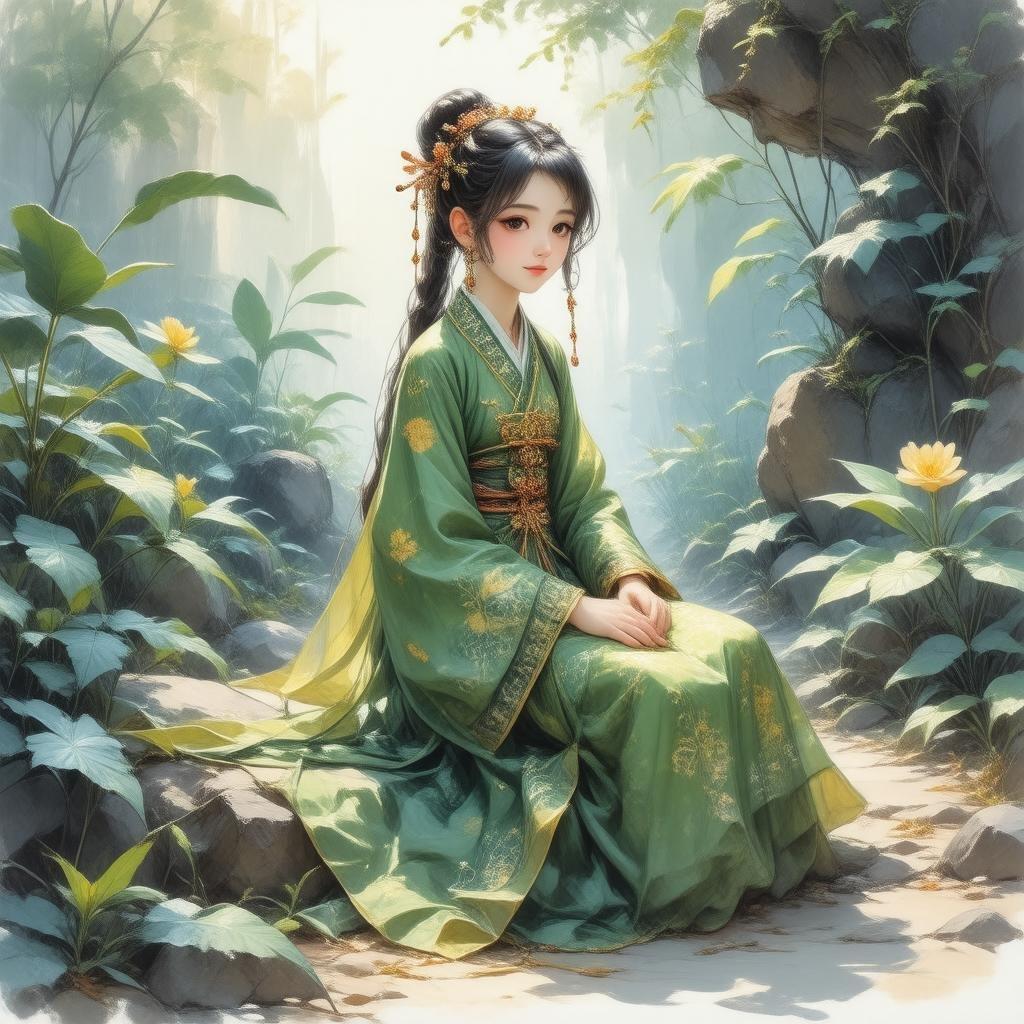 A serene digital illustration of a young miko sitting on a rock in a vibrant garden, surrounded by otherworldly plants, creating an ethereal atmosphere.