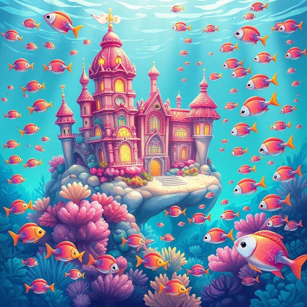 Enter a magical underwater world where the sea reigns supreme, and a pink castle floats amidst the coral reef. Join the vibrant fish on their daily adventures in this enchanting scene from Cartoon Favorites.