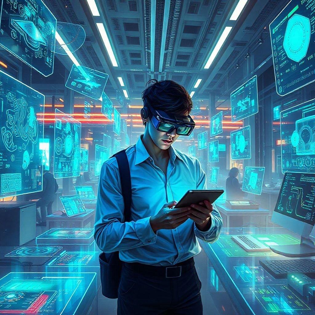 Dive into the future of technology with this cybernetic fantasy wallpaper. Immerse yourself in a world where artificial intelligence meets human dreamscape, set in an advanced technological hub.