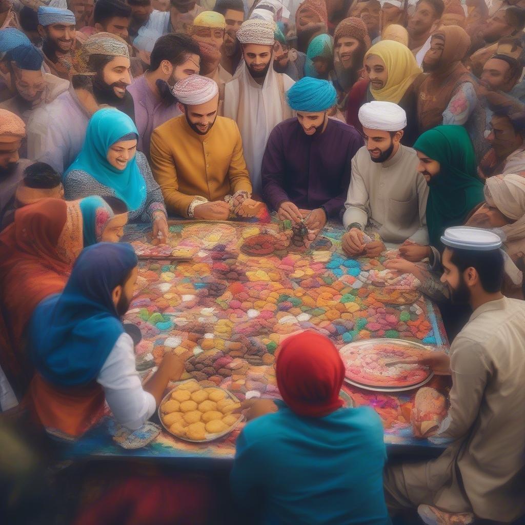 A joyous gathering of people in traditional attire enjoying a festive Eid celebration, sharing sweets and laughter.